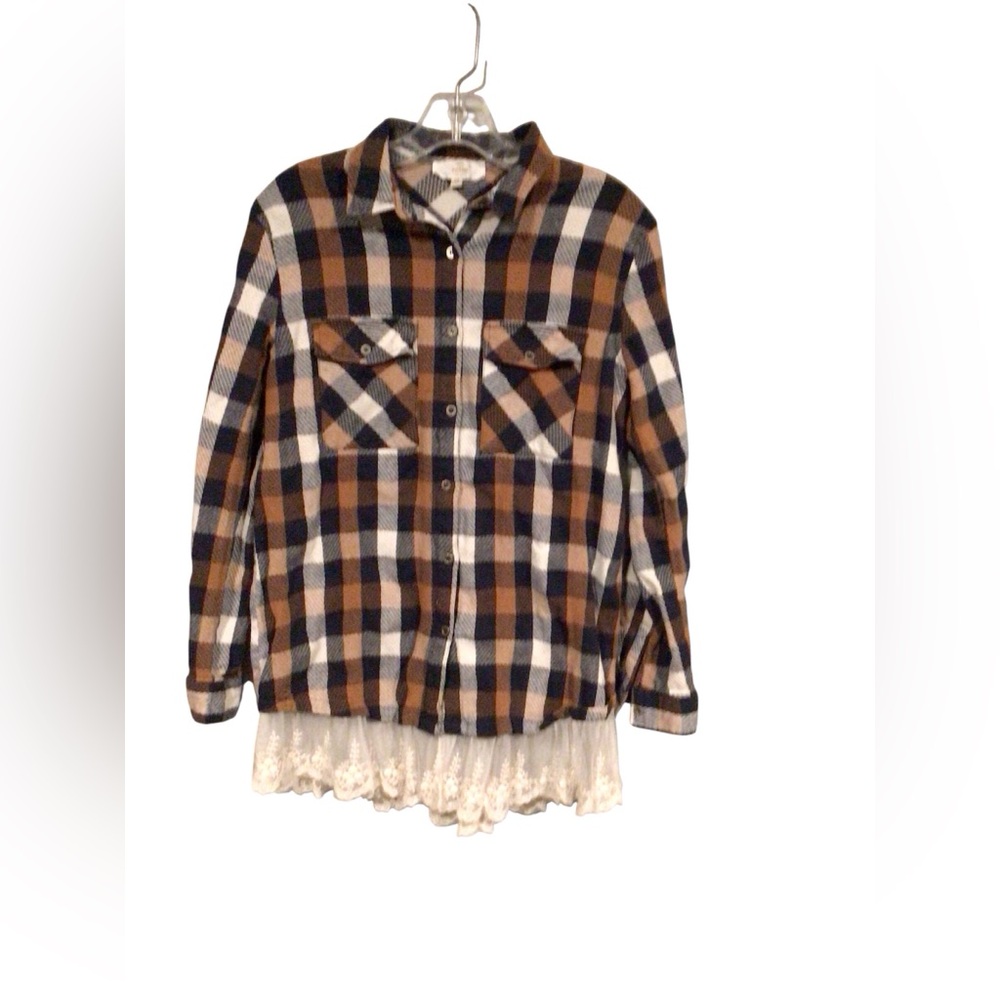 Entro brown and black plaid top with lace detail size M